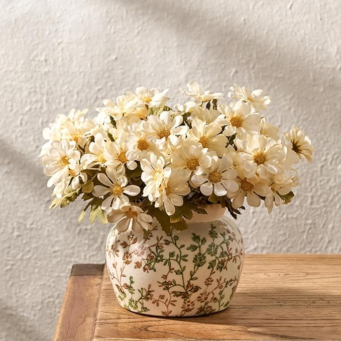 SIDUCAL Ceramic Green and Beige Vase with Wide Mouth Lace, 4.84 Inch Cracked Chinoiserie Rustic Farmhouse Vases, Pastoral Retro Vase for Home Decor, Table, Living Room, Bathroom, Shelf, Wedding