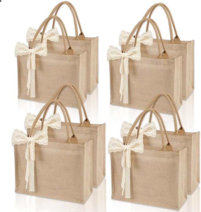 8pcs Burlap Tote Bag Set with Handles, Waterproof Reusable Blank Water Resistant Grocery Bags with Ribbon Large Jute Tote 15.35*6*12 In for Women Bridesmaid Gift Christmas Shopping Wedding Travel DIY
