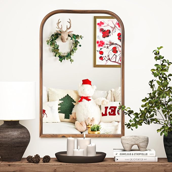 24"x36" Arch Wall Mirror Bathroom Mirror for Wall Mounted, Tempered Glass, Wood Grain Finish Frame Wall Mirror Decorative for Living Room Bedroom Entryway, Natural