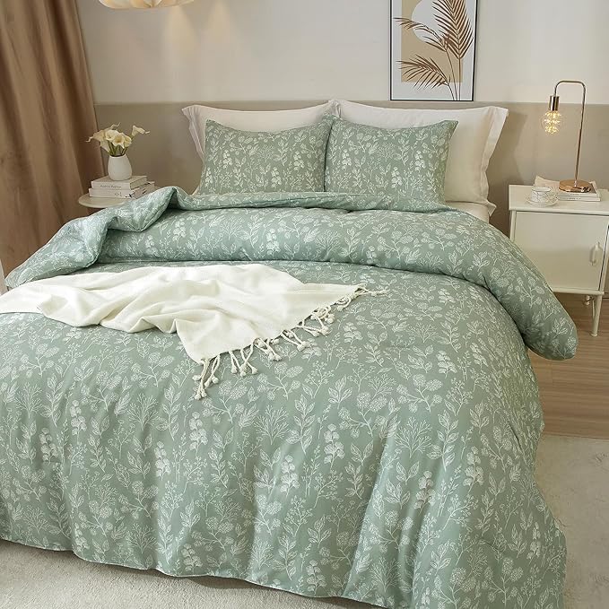 EAVD Garden Style Sage Green Floral Duvet Cover Twin XL Soft Cotton Chic Shabby Small Floral Bedding Set with 2 Pillowcases Fresh Reversible Botanical Duvet Cover with Zipper Closure