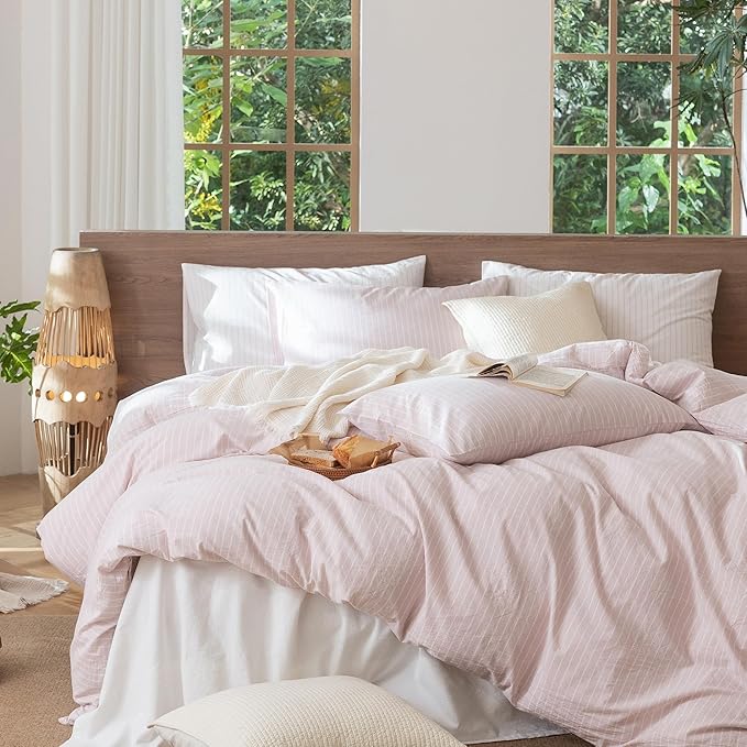 MooMee Striped Duvet Cover Set 100% Washed Cotton Linen Like Textured Breathable Durable Soft Comfy (Heathered Greyish Pink White Wide Stripes, Palatial King/Oversized King 120"x98")