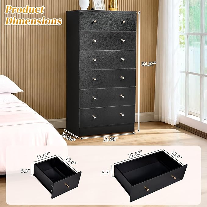 Karl home Black 7 Drawer Dresser for Bedroom, Tall Dresser Chest of Drawers, Rustic Wood Bedroom Dressers Clothes Organizer, Anti-Tipping Device, Rose Gold Metal Handle, Living Room, Entryway, Office