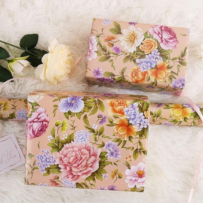 RayofSun Floral Wrapping Paper Roll Roll 17 in x 16.5 ft Mini Roll Pink Peonies Yellow Roses Blooms Gift Wrap Paper for All Occasion Wedding Birthday Bridal Shower Party Wrapping Supplies