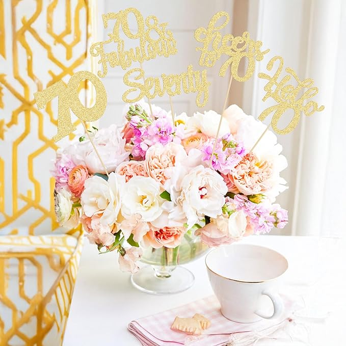 Gyufise 15Pcs 70th Birthday Centerpiece Sticks Seventy Happy 70th Table Flower Centerpieces Sticks Cheers to 70 Floral Decorations for 70th Birthday Party Centerpieces Supplies Gold
