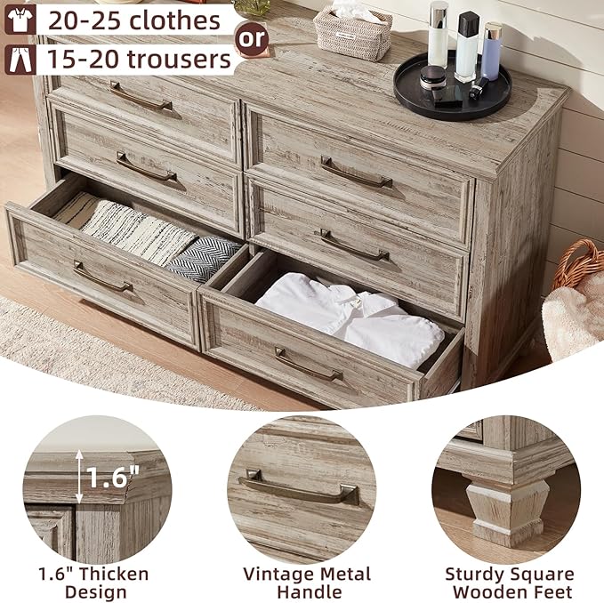 Farmhouse 6 Drawer Dresser for Bedroom, 54 inch Wide Large Vintage Chest of Drawers with Square Solid Wood Legs, Rustic TV Stand for Living Room, Wooden Storage Dressers for Hallway, Grey