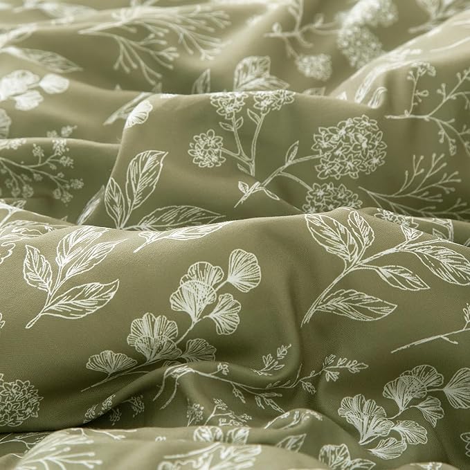 EAVD Girls Olive Green Floral Duvet Cover Twin Soft Cotton Chic Shabby Garden Floral Botanical Bedding Set with 2 Pillowcases Reversible Vintage Floral Botanical Duvet Cover with Zipper Closure