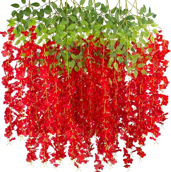 12 Pack Artificial Flowers Silk Wisteria Vine Ratta Hanging Flower (Red)