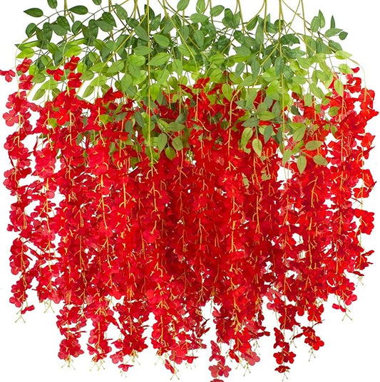 12 Pack Artificial Flowers Silk Wisteria Vine Ratta Hanging Flower (Red)