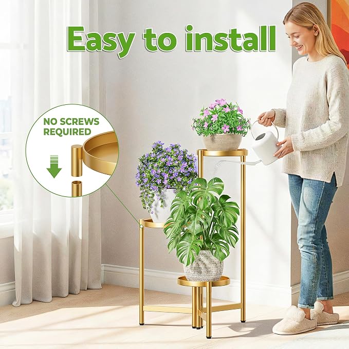 3 Tier Gold Plant Stand Indoor with 7.9 Inch Wide Tray, 3-Tiered Corner Metal Outdoor Flower Holder Stand, Folding Tall Rack for Display Shelf for Patio Porch Balcony - GoldDisk
