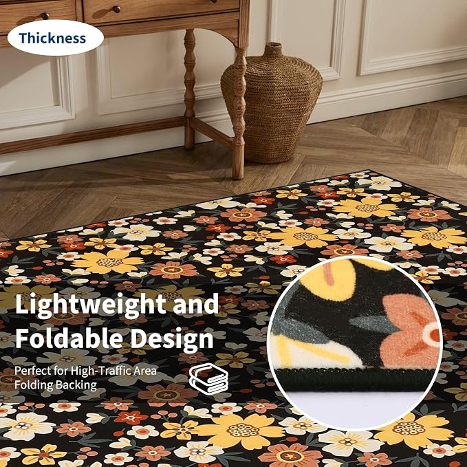 Washable 10x13 Modern Floral Area Rug for Living Room Low Pile Soft Bedroom Rugs Non Slip Abstract Floral Large Carpet Thin Foldable Modern Indoor Carpet for Playroom Open Living Room, Black