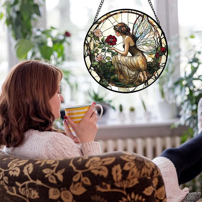 Stained Glass Window Hanging - Butterfly Flower Fairy Suncatcher for Door Terrace Garden Home Decor Yellow Green Plants Sun Catcher Birthday Gifts for Lovers Women Men Dad Mom Nana 6.3 in