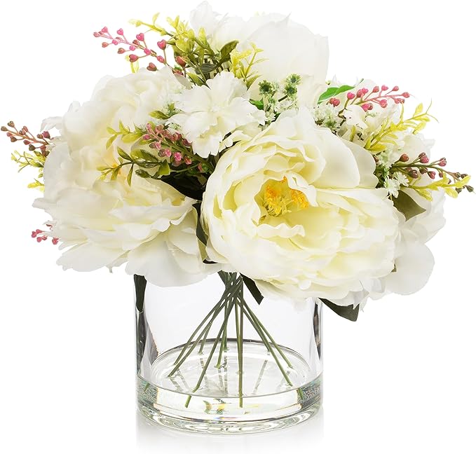 ENOVA FLORAL Artificial Silk Flower Arrangement with Vase,Mixed Artificial Silk Peony Flower in Vase for Decoration Home Office, Wedding Centerpiece (Cream)