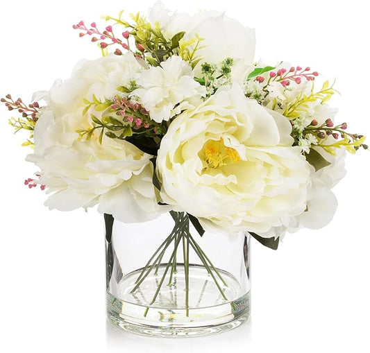 ENOVA FLORAL Artificial Silk Flower Arrangement with Vase,Mixed Artificial Silk Peony Flower in Vase for Decoration Home Office, Wedding Centerpiece (Cream)