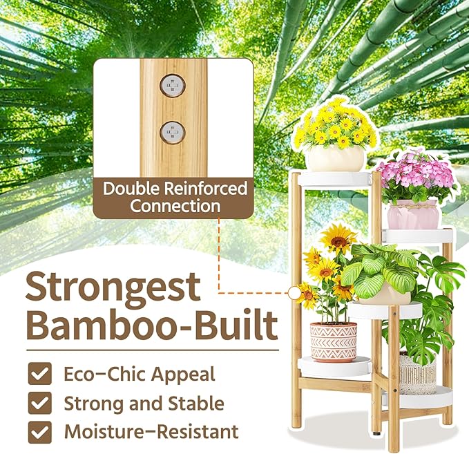 LASZOLA Bamboo White 5 Tier Heavy Duty Plant Stand Indoor, Tall Multiple Level Vertical Planter Rack for Modern Narrow Corner, Slim Spiral Flower Holder Organizer Display for House Decor, Plastic Tray