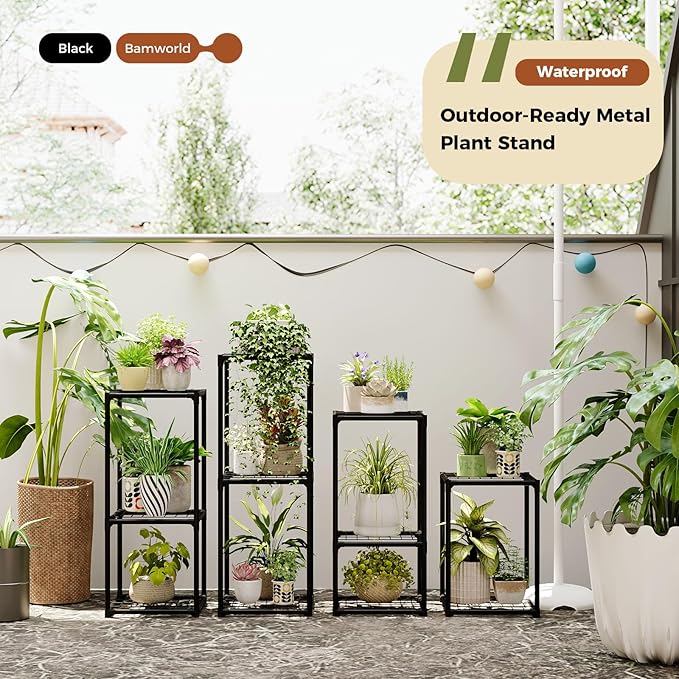 Bamworld Plant Stands Indoor 4 Sets Plant Shelves Outdoor Metal Plant Holder for Multiple Plants Flower Stands for Living Room Balcony Garden Patio Lawn Window Black