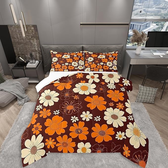 70s Groovy Flowers Comforter Set Full Size,Hippie Retro Farmhouse Plant Bedding Comforters Room Decor,Brown White Yellow Floral Quilt Set with 2 Pillowcases,Teens Present