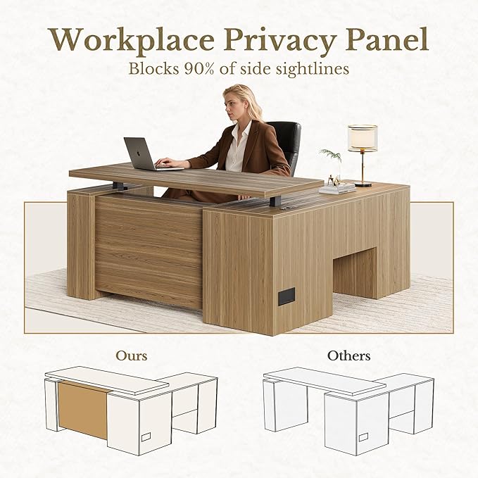 63 Inches L Shaped Standing Desk, Executive Standing Desk with Drawers and File Cabinet, AC/USB, 1.18" Desktop, Multi-Sized Storage Cubby, Privacy Panel, Rattan Computer Desk, Natural Oak
