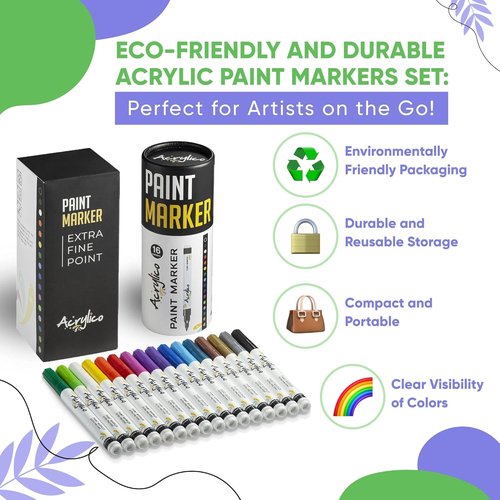 Skiennix Acrylic Paint Markers Set - 16 Fine Tip Pens for Fabric, Rock, Metal & Ceramic Art Projects