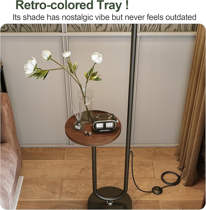 62.9" Floor Lamp with Table Brown, White Lampshade Vintage Standing Lamp with Tray Foot Switch, 3 Color Temperatures LED Bulb Included, for Living Room, Bedroom