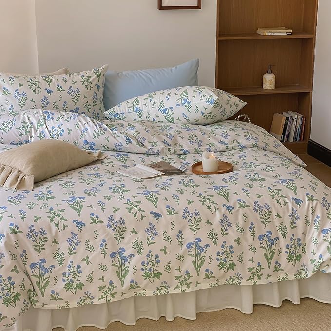 HighBuy Girl Blue Floral Comforter Set Twin XL Size White Comforter Sets Botanical Coquette Bedding Comforter Twin XL with 2 Pillowcases Garden Style Floral Bedding Comforter Set