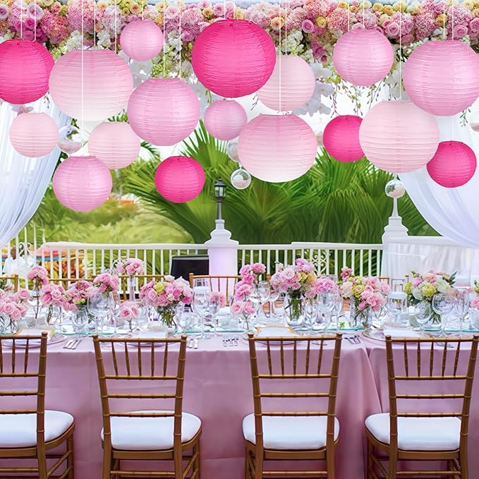 Paper Lanterns Decorative, Gradient Pink Round Hanging Paper Lantern Decorations for Wedding, Valentine's Day, Anniversary, Baby Shower, Girls Birthday Party Supplies, 15Pcs
