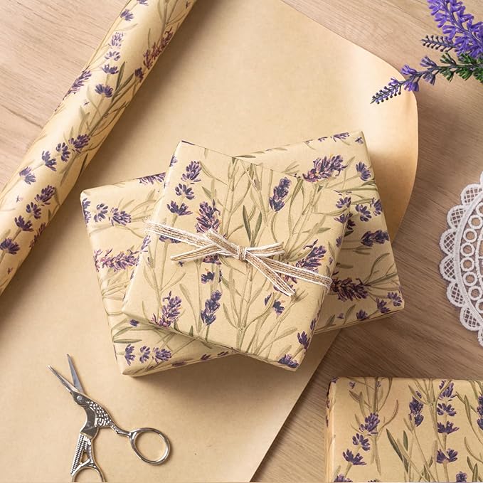 RUSPEPA Lavender Wrapping Paper Roll for Women, Delicate Floral Kraft Gift Wrap, Purple Lavender Design Perfect for Spring, Wedding, Mother's Day, Bridal Shower and Birthday, 17 Inches x 32,8 Feet