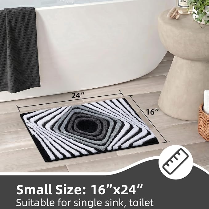 High Pile Tufted Bath Mat Non Slip Absorbent, Ultra Soft Microfiber Bathroom Rug with 3D Striped Pattern, Funky Small Rug for Sink, Toilet, Tub, Machine Washable, 16"x24", Black