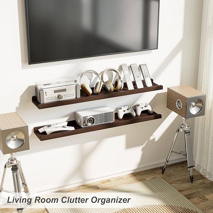 Love-KANKEI 36 Inch Long Floating Shelves Wall Mounted Set of 2, Large Wood Wall Shelves for Storage, Rustic Hanging Shelves for Display,Bedroom Living Room Bathroom Kitchen Office Dark Walnut