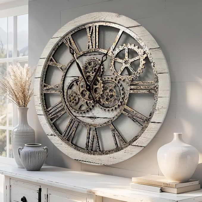 ImprovingLife The Gears Clock The Original Real Moving Gear Wall Clock Vintage Industrial Oversized Rustic Farmhouse (24 inch (60cm),White Farmhouse)