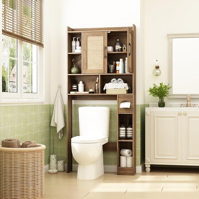 RUSTOWN Rattan Over The Toilet Storage Cabinet,Boho Over Toilet Bathroom Organizer with 2 Doors & Adjustable Shelves,Modern Above Toilet Rack with Toilet Paper Holder for Bathroom (Rustic Oak)