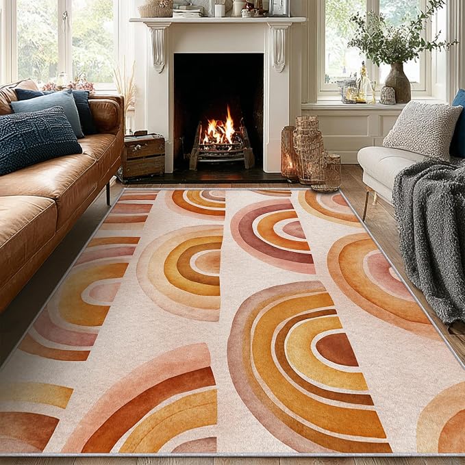 Retro Arcs Area Rug 3x4, Minimalist Arch Pattern Rug, Modern Retro Neutral Carpet for Living Room Bedroom, Non Slip Washable Rug