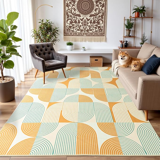 Area Rugs for Living Room 4x6, Washable Modern Abstract Rug for Bedroom, Soft Non-Slip Indoor Floor Carpet for Dining Room Nursery Office Home, Orange