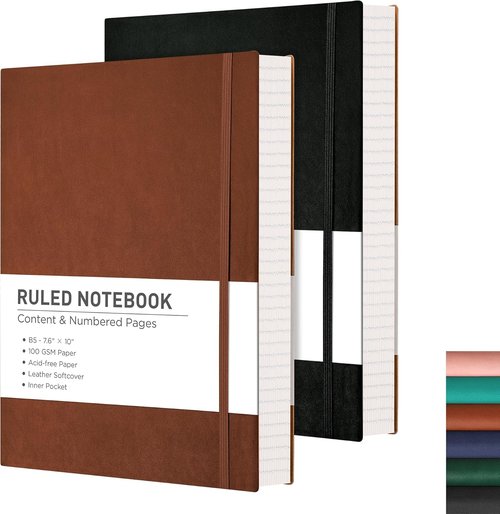 RETTACY Lined Journal Notebook - 2-Pack B5 Medium 7.6" × 10" | Leather Softcover, 204 Numbered Pages, 100 GSM Thick Paper (Black & Brown)