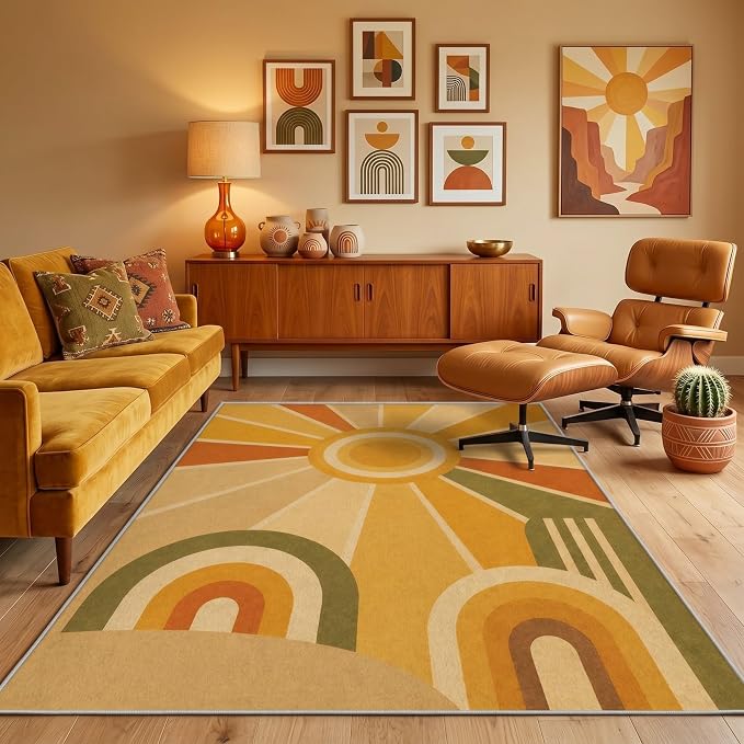 Golden Sunburst Area Rug 2x3, Mid Century Modern Retro Geometric Rug, 70s Style Abstract Washable Low Pile Non Slip Rug for Living Room Bedroom