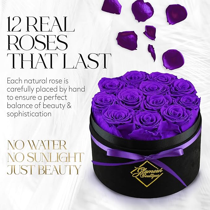 GLAMOUR BOUTIQUE Flowers Forever Gift Box 12 Real Preserved Roses in a Velvet Box, Birthday for Her Mom and Wife, Mothers Day, Anniversary, Graduation - Purple