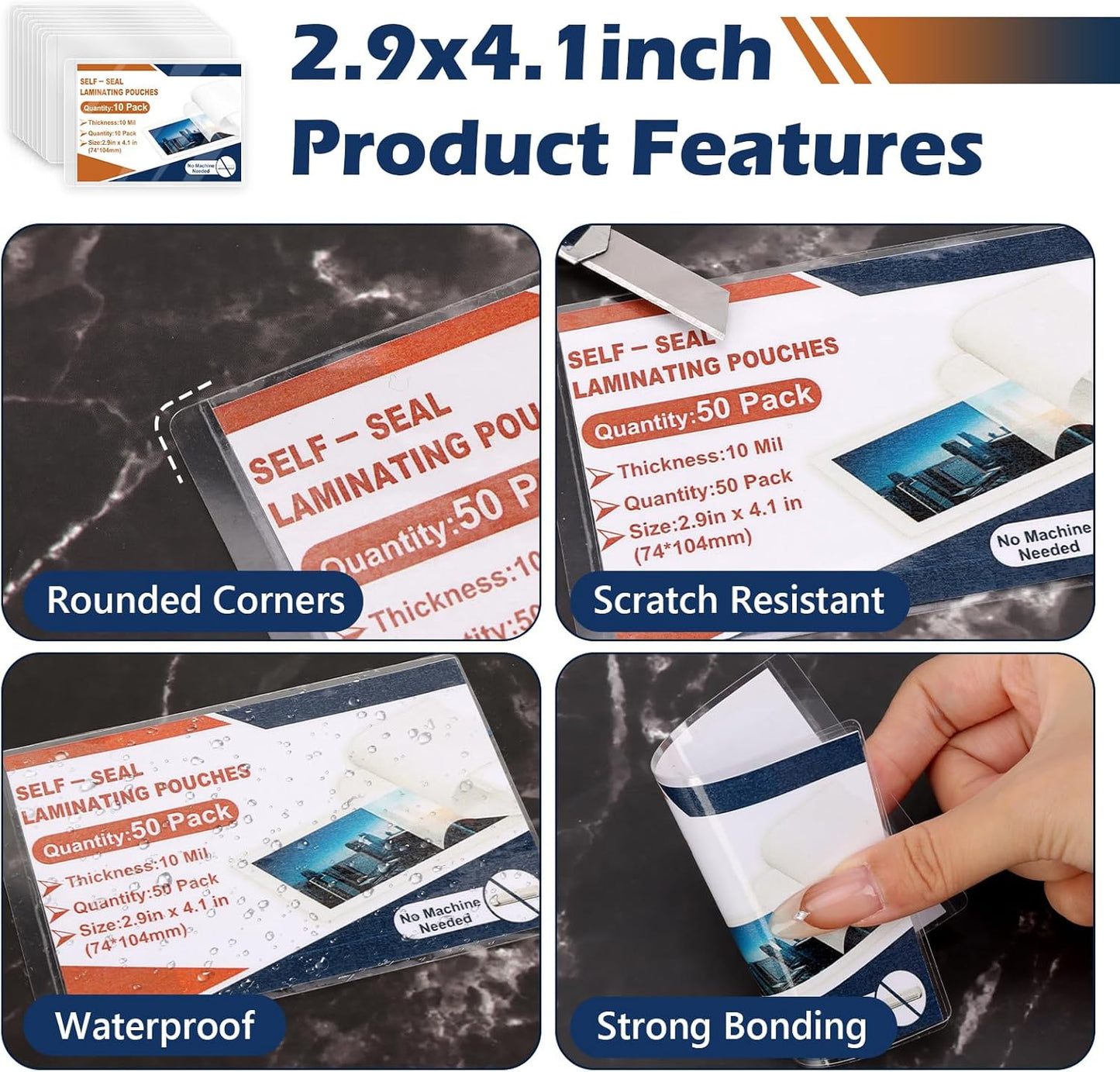 Skiennix Self-Sealing Laminating Pouches - 100 Pack, 10 Mil, 2.9"x4.1" for Business Cards | No Laminator Needed