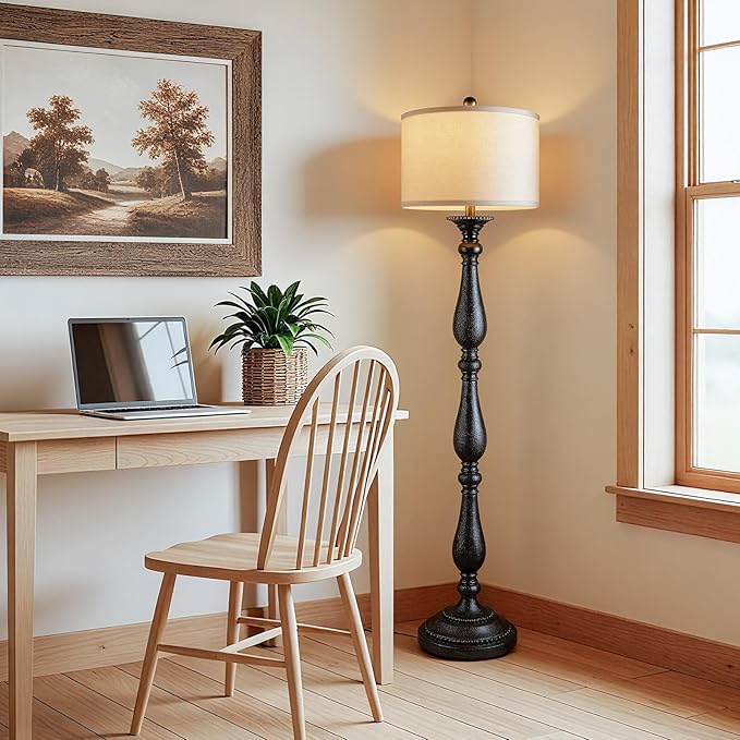 PARTPHONER Vintage Floor Lamp for Living Room, Rustic Farmhouse Standing Lamp with Rotary Switch and Linen Shade, Retro Resin Floor Lamp for Bedroom, Corner, Dining Room, House Decor, Black