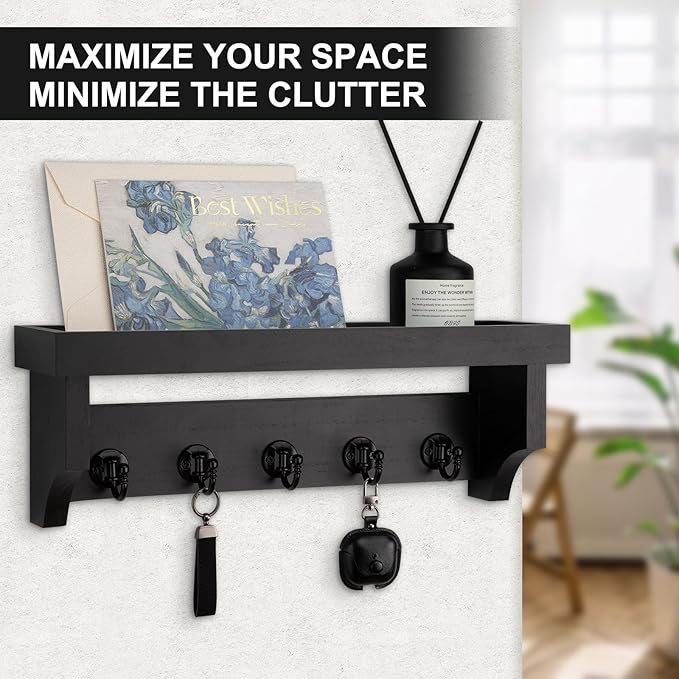 Lucundm Key and Mail Holder Wall Mount, Key Holder with Shelf and Mail Organizer Wall Mount. Mail Holder with 5 Hooks for Coat, Dog Leash, Home Decor Rack, Entry Way Organizer (Black)