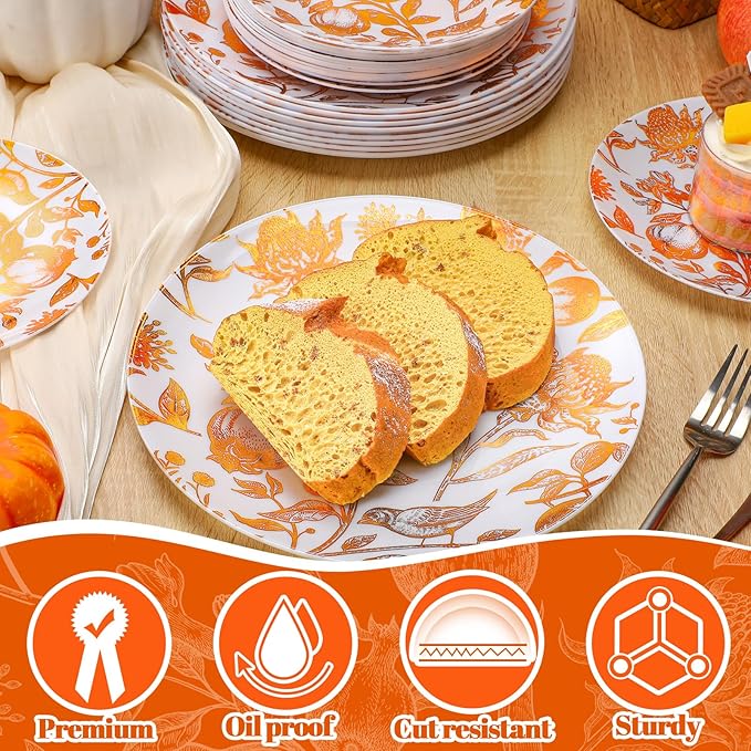 Suclain 60 Pcs Brown Fall Pomegranate Plastic Plates Thanksgiving Wedding Party Decoration Bulk 10.25'' 7.5'' Dessert Dinner Disposable Plastic Plates for Bridal Shower Party Supplies