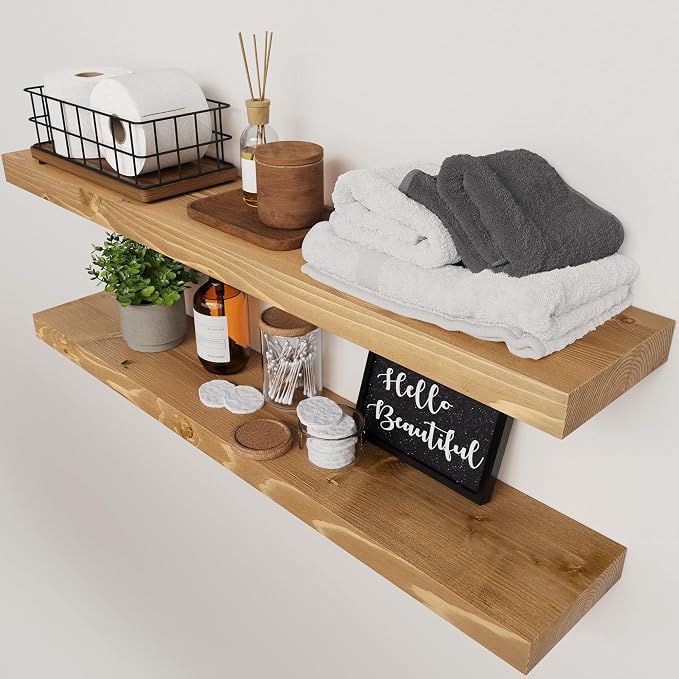 BAOBAB WORKSHOP Natural Wood Floating Shelves for Wall 36 Inches Long, Heavy Duty Wall Shelf for Bedroom, Solid Wooden Bathroom Shelf Large Kitchen Farmhouse, Oak Floating Shelf, 36W × 6.7D, Set of 2
