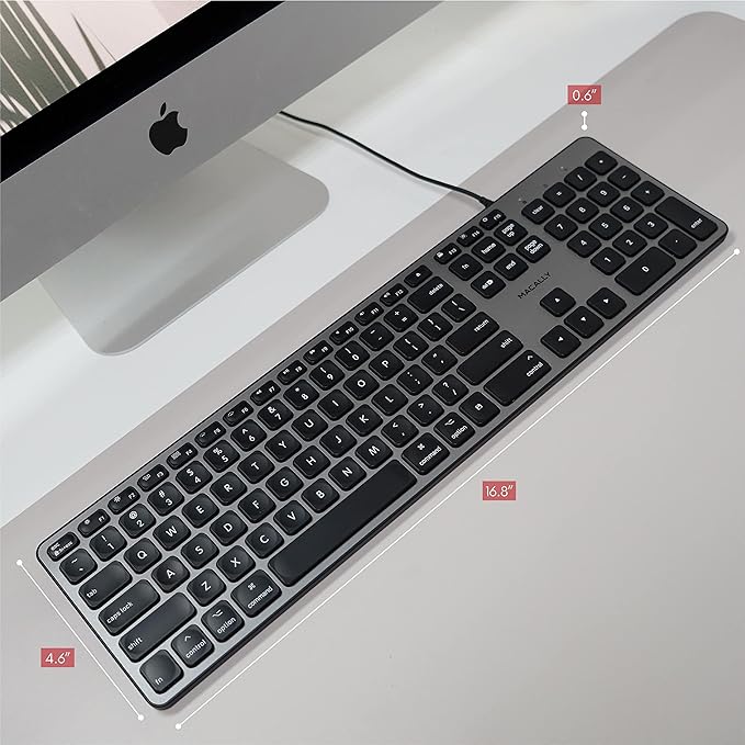 Macally Backlit Mac Keyboard - Quiet, Sleek, and Functional - 3 Brightness Levels, 107 Keys, 5ft USB Wired - Apple Keyboard - Backlit Wired for Mac, iMac, MacBook Pro/Air - Space Gray