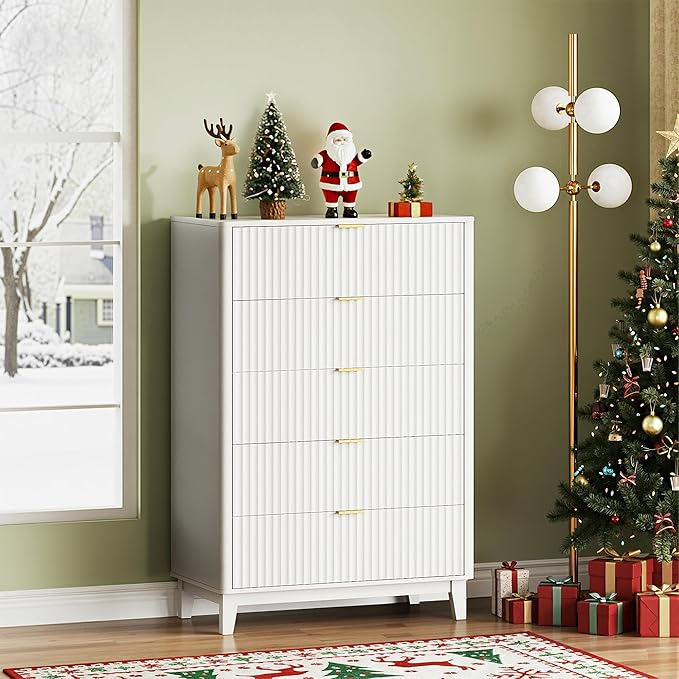 WLIVE Fluted Dresser for Bedroom with 5 Drawers, 46.26" Tall Wooden Dresser with Golden Metal Handles, Mid Century Modern Chest of Drawers for Living Room, Hallway, Closet, Solid White