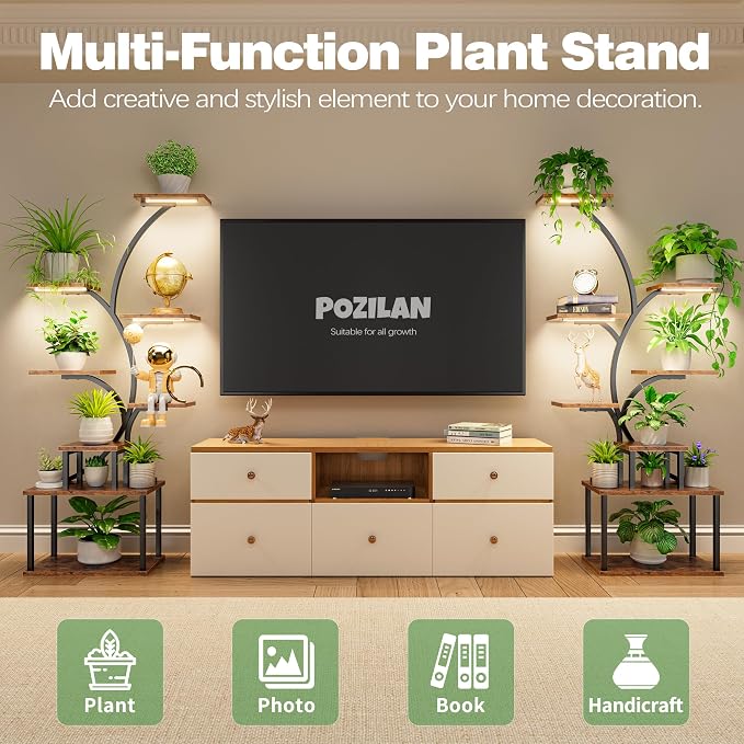 POZILAN Plant Stand Indoor with Grow Lights, 8 Tiered Tall Plant Shelf for Indoor Multiple Plants, Metal Large Flower Holder Display Rack for Living Room, Garden, Patio