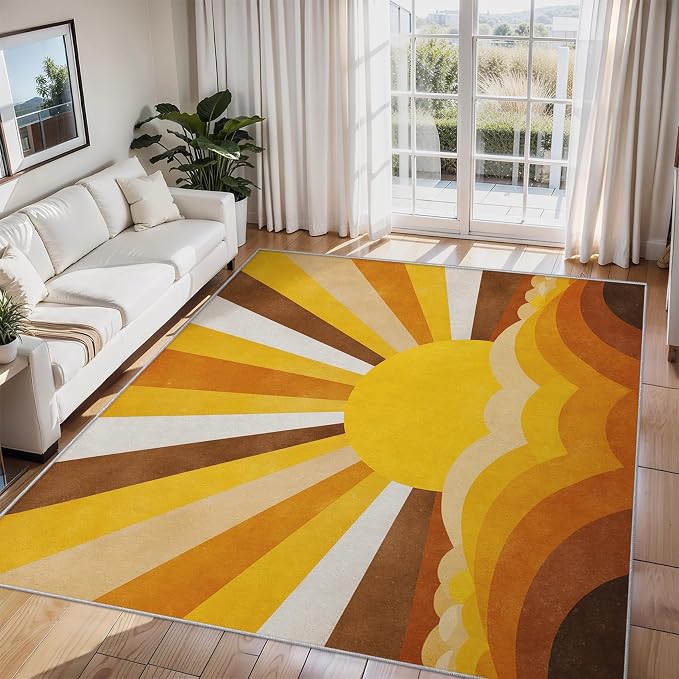 Boho Sun Rugs for Home Decor, 3x5 ft, Abstract Sunburst Retro Area Rugs for Living Room, Soft Non Slip Washable Mid Century Modern Carpet Bedroom Decorations Dt-Ghf-69