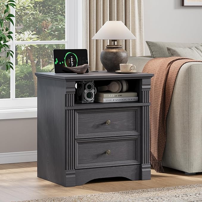 Grey Nightstand with Charging Station, Farmhouse Bedside Table, End Table with 2 Drawers and Chic Wood Pilasters Design, Wood Side Table with Metal Handles for Bedroom, Living Room