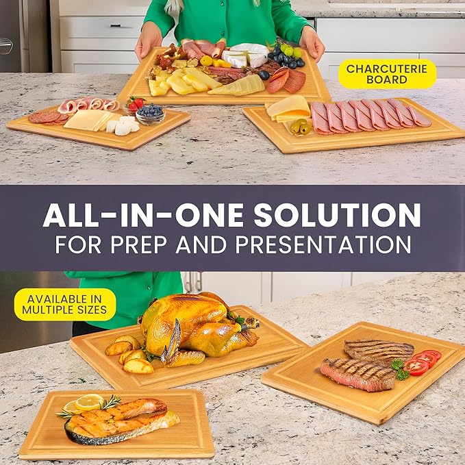 Glue-Free Surface™ Extra Large Bamboo Cutting Board Set – For Chopping Vegetables, Carving Meat, Slicing Bread, and Serving Cheese & Charcuterie for Safer Family Meal Prep – For Health Conscious Chefs