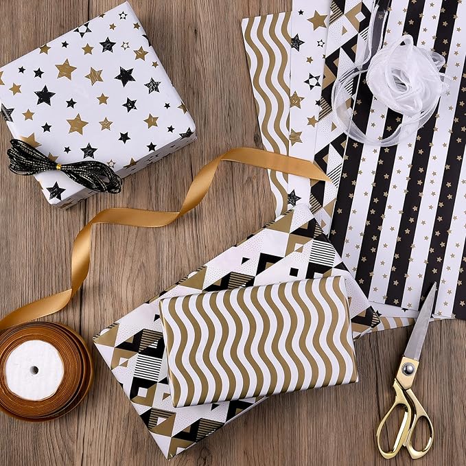 PlandRichW Wrapping Paper Folded Black White and Gold Matte Design Stars, Stripes, Ripples, Plaids for Birthdays, Christmas, Graduations, Weddings, Father's Day 4 Styles 20" X 29" 12 Sheets
