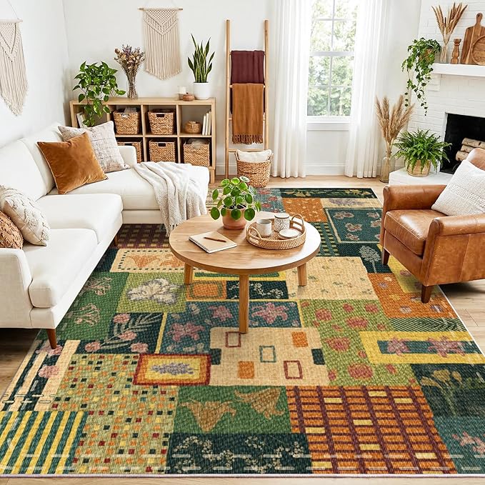 Flowers Patchwork Abstract 9x12 Area Rug, Colorful Soft Faux Wool Geometric Rugs for Living Room, Non Slip Low Pile Washable Indoor Carpet Rug for Bedroom, Entryway, Dining Room, Home Office Decor