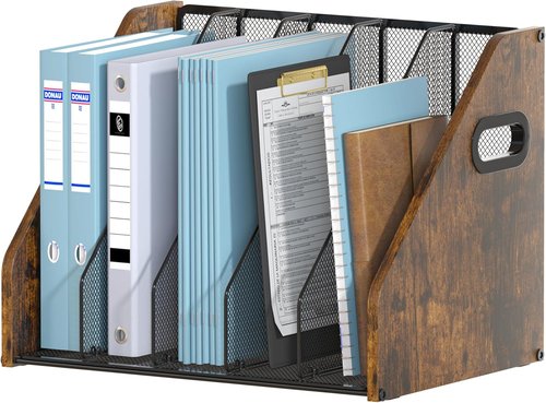 Piskyet Binder Organizer - Wooden Desk File Holder with 5 Vertical Compartments | Ideal for Office & Home