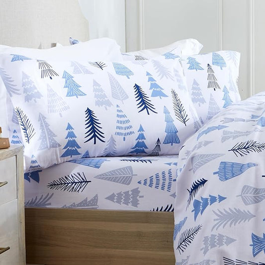 Market & Place 100% Turkish Cotton Flannel Sheet Set | 4 Piece Deep Pocket Novelty Cozy Winter Bed Sheets | Double Brushed for Extra Softness & Comfort | Alpine Collection (Queen, Blue Forest)